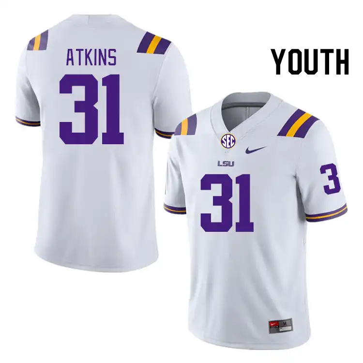 Youth LSU Tigers Xavier Atkins #31 White NCAA Football Jersey